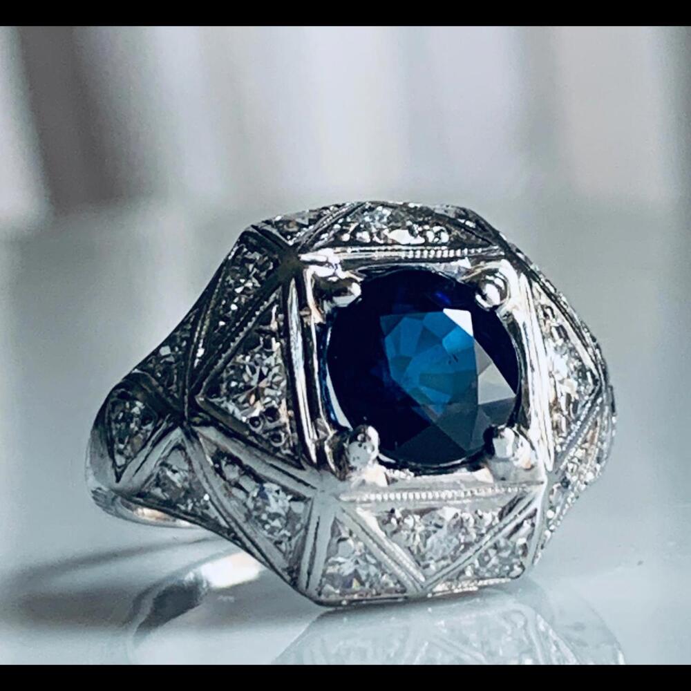 Sapphire Ring Platinum Old Cut Diamond Edwardian Engagement Ring Platinum 1910s - Picture 2 of 9